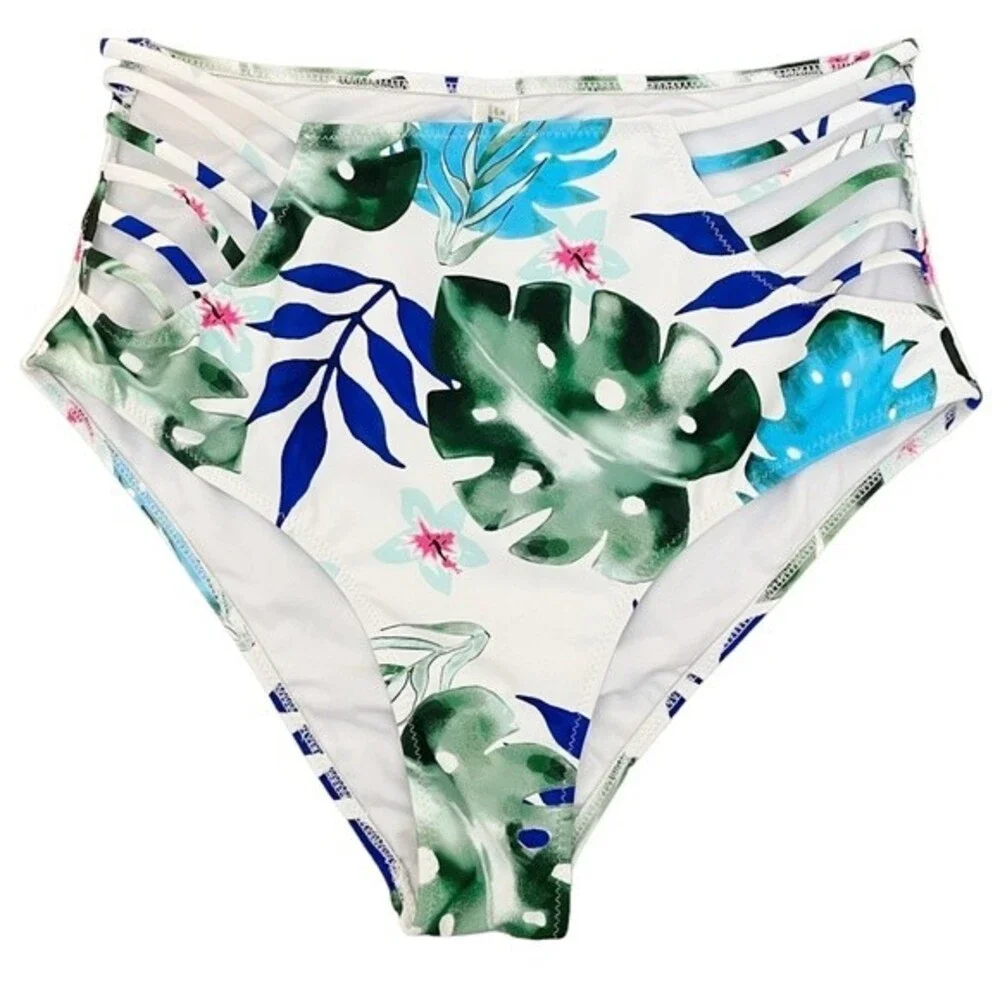 NWT Cupshe Two Piece Swimsuit Tropical Floral Cutout Brief Stripe Halter Top XL